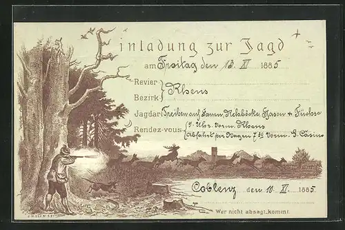 Lithographie Einladung zur Jagd aus dem Jahre 1885, Jäger schiesst auf Hirsche