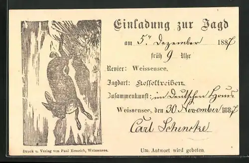 Vorläufer-Künstler-AK Einladung zur Jagd aus dem Jahre 1887, Jagdart Kesseltreiben, Fliehender Hase