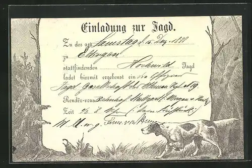 Vorläufer-Künstler-AK Einladung zur Jagd aus dem Jahre 1888, Vorstehender Jagdhund