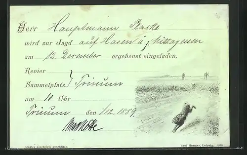 Vorläufer-Künstler-AK Einladung zur Jagd aus dem Jahre 1889, Hase flieht vor Jägern