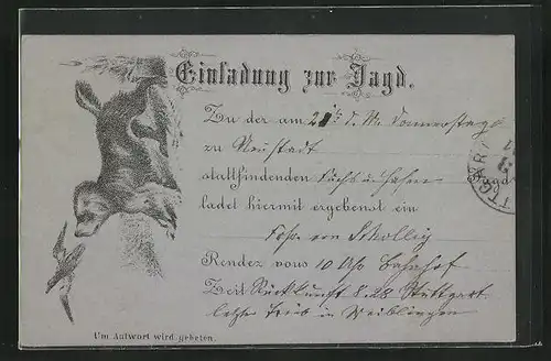 Vorläufer-Künstler-AK Einladung zur Jagd aus dem Jahre 1886, Jagdhund schaut einer auffliegenden Ente nach