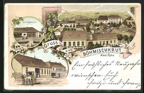 Lithographie Böhmischkrut, Handlung F. Wagner, Ortspartie mit Pferdewagen, Teilansicht