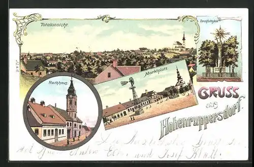 Lithographie Hohenruppersdorf, Rathaus, Marktplatz, Dreifaltigkeitssäule