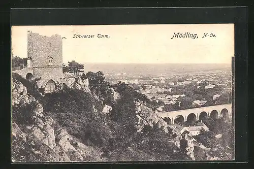 AK Mödling, Schwarzer Turm mit Panoramablick auf die Stadt