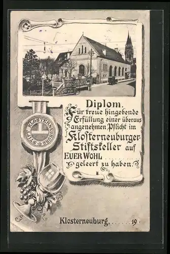 AK Klosterneuburg, Gasthaus Stiftskeller, Siegel mit Weinglas