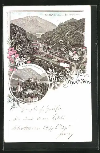 Lithographie Schottwien, Ruine Klamm mit Schule & Kirche, Gesamtansicht mit Sonnwendstein