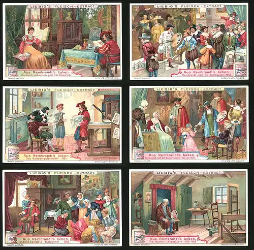 6 Sammelbilder Liebig, Serie Nr.: 863, Aus Rembrandt`s Leben, Jan Six, Maler, Hundertguldenblatt