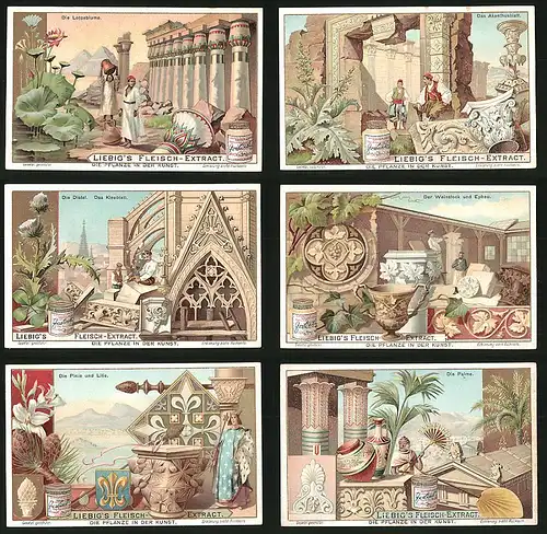 6 Sammelbilder Liebig, Serie Nr.: 791, Die Pflanze in der Kunst, Wein, Diestel, Araber, Lotus, Handwerk