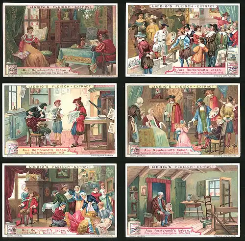 6 Sammelbilder Liebig, Serie Nr.: 863, Aus Rembrandt`s Leben, Jan Six, Saskai, Hunderguldenblatt, Nachtwache, Maler