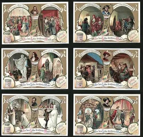6 Sammelbilder Liebig, Serie Nr.: 771, Aus dem Leben berühmter Maler, Holbein, Dürer, Rembrandt, Rubens