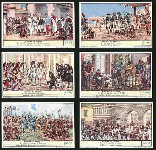 6 Sammelbilder Liebig, Serie Nr.: 1629, Histoire de France, Philippe-Auguste, Peronne, Bonaparte, marocain