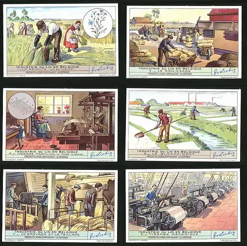 6 Sammelbilder Liebig, Serie Nr.: 1401, Industrie du Lin en Belgique, Handwerk, Webstuhl, Leinen, Feldarbeit