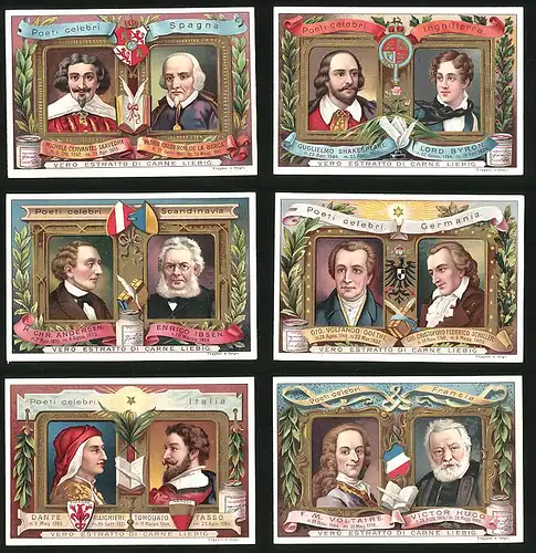6 Sammelbilder Liebig, Serie Nr.: 567, Poeti celebri, Victor Hugo, Voltaire, Tasso, Dante, Goethe, Ibsen, H. Ch.Andersen