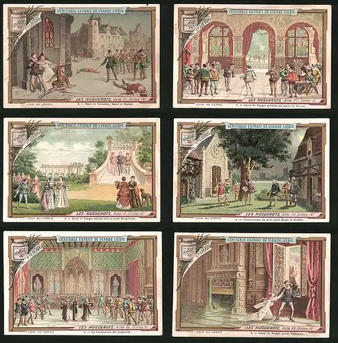 6 Sammelbilder Liebig, Serie Nr.: 279, Les Huguenots, Adel, Ritter, Mönchen