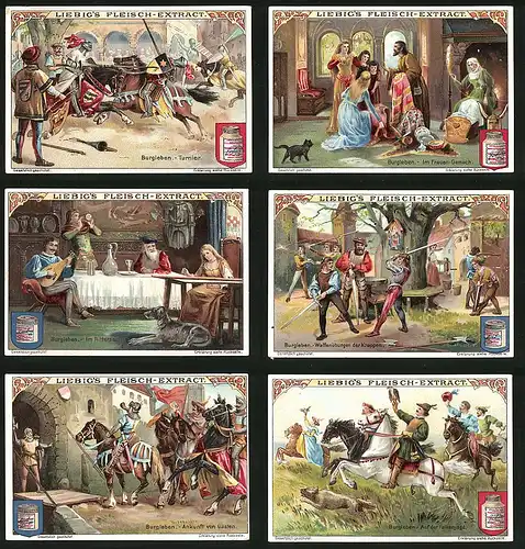 6 Sammelbilder Liebig, Serie Nr.: 809, Burgleben, Falkenjagd, Knappen, Waffenübung, Bade, Tjost, Hund