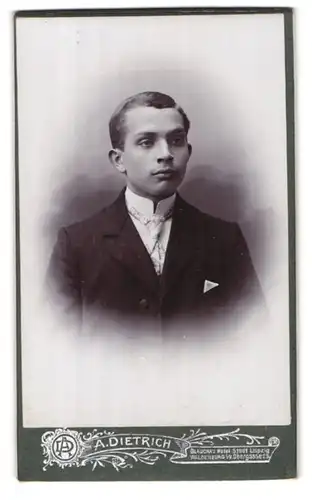 Fotografie Alwin Dietrich, Glauchau, Leipziger Strasse, Portrait junger Herr im Anzug mit Krawatte