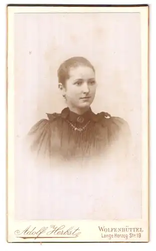 Fotografie Adolf Herbst, Wolfenbüttel, Lange Herzogstrasse 19, Portrait junge Dame mit Kragenbrosche und Halskette