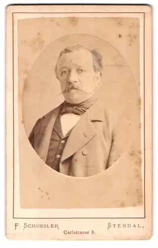 Fotografie F. Schüssler, Stendal, Carlstrasse 8, Brustportrait älterer Herr im Anzug mit Schnauzbart