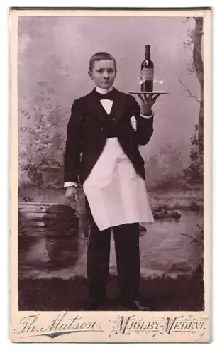 Fotografie Th. Matson, Mjölby-Medevi, Portrait Kellner mit Tablett