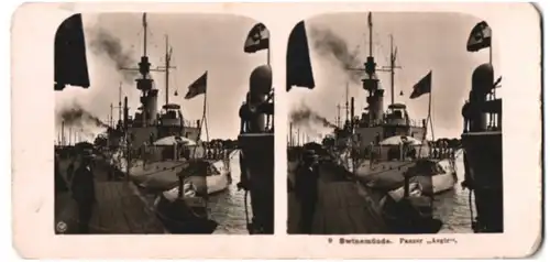 Stereo-Fotografie NPG, Berlin-Steglitz, Ansicht Swinemünde, Kriegsschiff-Panzerschiff Aegir der Reichsmarine im Hafen