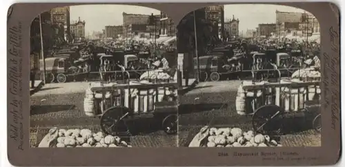 Stereo-Fotografie Griffith & Griffith, Philadelphia, Ansicht Chicago, Haymarket Square, Marktplatz mit Marktständen