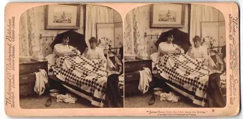 Stereo-Fotografie Underwood & Underwood, New York, Mann schirmt sich gegen wütende Ehefrau ab