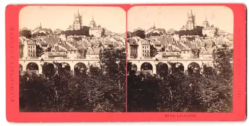 Stereo-Fotografie F. Charnaux, Geneve, Ansicht Lausanne, Ortsansicht mit Viadukt & Kathedrale