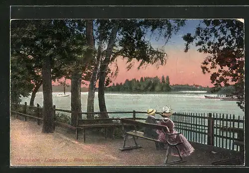 AK Mannheim-Lindenhof, Blick auf den Rhein mit Paar auf der Bank