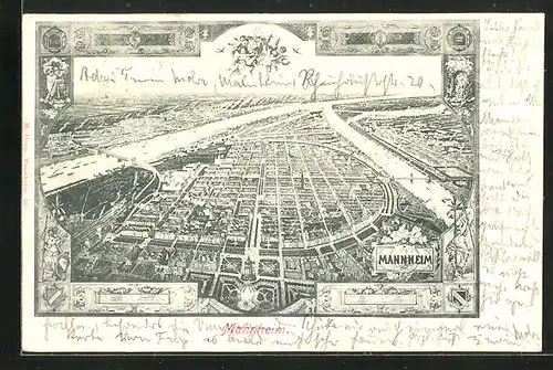AK Mannheim, Stadtansicht aus der Vogelschau