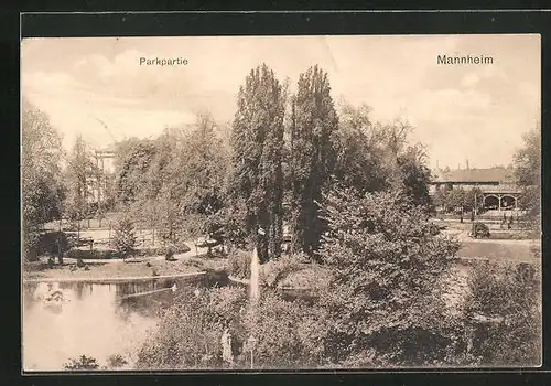 AK Mannheim, Parkpartie mit Teichlandschaft