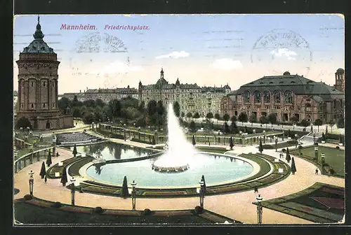 AK Mannheim, Blick auf den Friedrichsplatz mit Wasserspiel