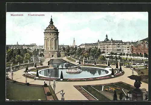 AK Mannheim, Friedrichsplatz und Wasserturm