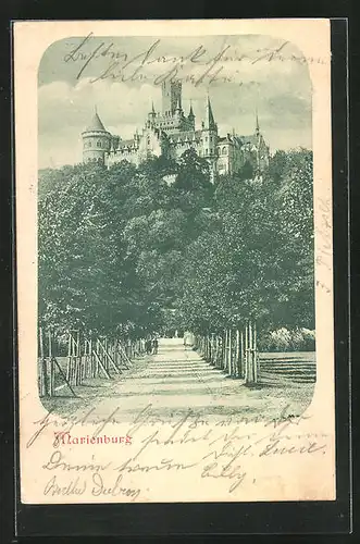 AK Pattensen, Marienburg, Blick von einer Allee zur Burganlage