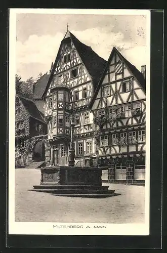 AK Miltenberg a. Main, Strassenpartie mit Brunnen und Fachwerkhaus