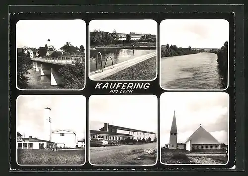 AK Kaufering a. Lech, Freibad, Brücke über Flusspartie, Kirche