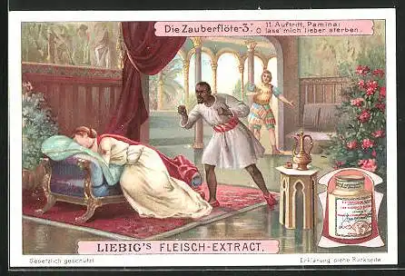 Sammelbild Liebig, Liebig`s Fleisch-Extract, Die Zauberflöte 3., 11. Auftritt, Pamina: O lass` mich lieber sterben