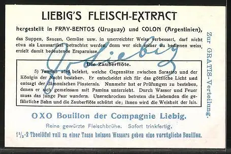 Sammelbild Liebig, Liebig`s Fleisch-Extract, Die Zauberflöte 5., 28. Auftritt, Tamino u. Pamina: Wir wandelten durch...