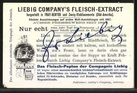 Sammelbild Liebig, Liebig Company`s Fleisch-Extract, Zur Geschichte der Telegraphie, Der moderne elektrische Telegraph