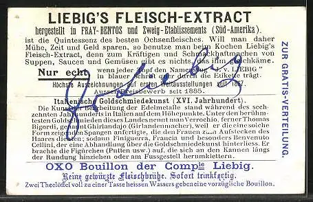 Sammelbild Liebig, Liebig`s Fleisch-Extract, Das Metall im Kunstgewerbe, Italienische Goldschmiedekunst, 16. Jahrh.