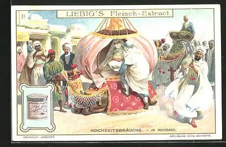 Sammelbild Liebig, Liebig`s Fleisch-Extract, Marokko, Hochzeitsbräuche, Brautpaar auf einem Kamel