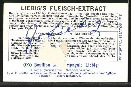 Sammelbild Liebig, Liebig`s Fleisch-Extract, Marokko, Hochzeitsbräuche, Brautpaar auf einem Kamel