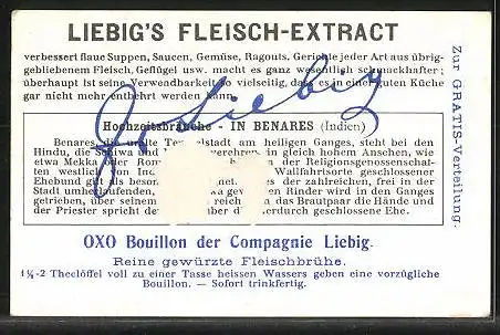 Sammelbild Liebig, Liebig`s Fleisch-Extract, Benares, Hochzeitsbräuche, Brautpaar mit Rindern