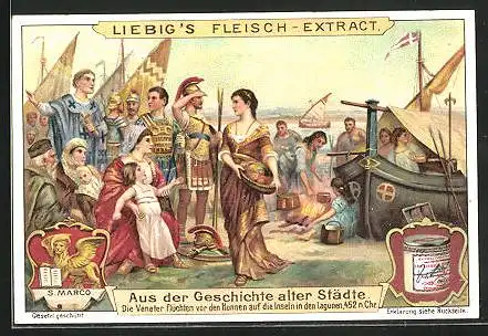 Sammelbild Liebig, Liebig`s Fleisch-Extract, Aus der Geschichte alter Städte, Die Veneter flüchten vor den Hunnen...
