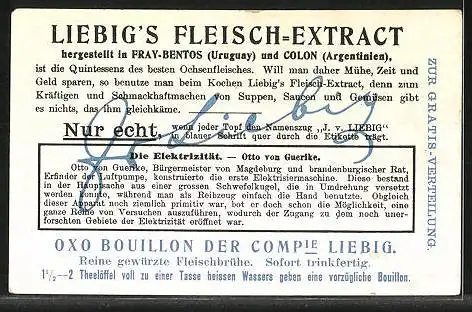 Sammelbild Liebig, Liebig`s Fleisch-Extract, Hamburg, Die Elektrizität, Guerike`s Versuche über elektrische Abstossung