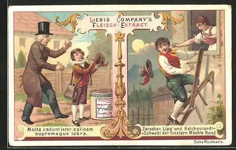 Sammelbild Liebig, Liebig Company`s Fleisch-Extract, Zwischen Lipp` und Kelchesrand..., Mann beim Fensterln
