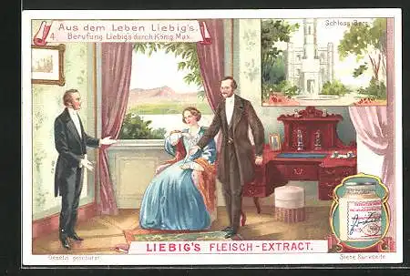 Sammelbild Liebig, Liebig`s Fleisch-Extract, Aus dem Leben Liebig`s, Berufung Liebig`s durch König Max, Schloss Berg