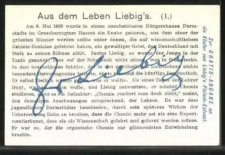 Sammelbild Liebig, Liebig`s Fleisch-Extract, Aus dem Leben Liebig`s, Das Genie auf der Schulbank, Geburtshaus Liebig`s