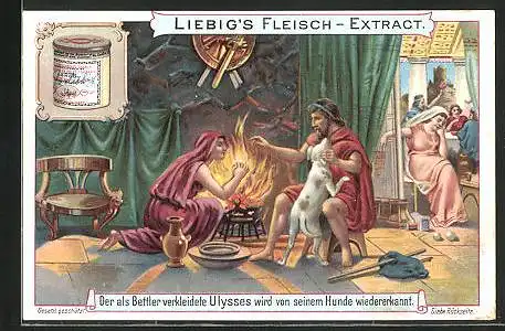 Sammelbild Liebig, Der als Bettler verkleidete Ulysses wird von seinem Hund wiedererkannt