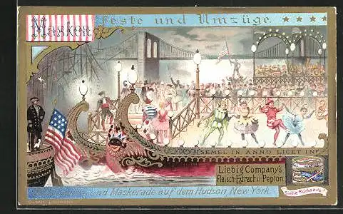 Sammelbild Liebig, Masken Feste und Umzüge, Ilumination und Maskerade auf den Hudson, New York