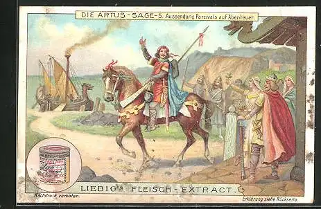 Sammelbild Liebig, Die Artus-Sage, 5. Aussendung Parzivals auf Abenteuer